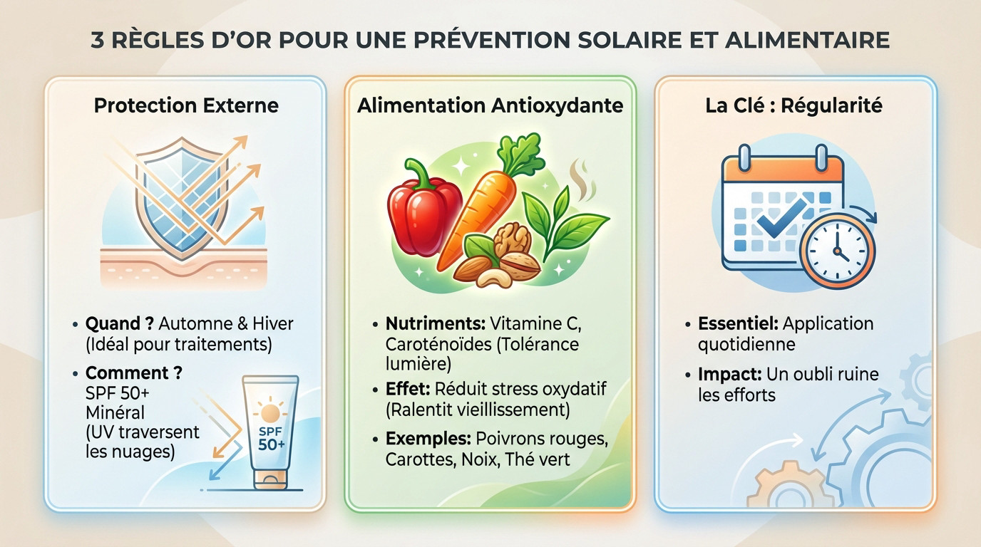 Routine de prévention solaire et alimentation antioxydante pour la peau
