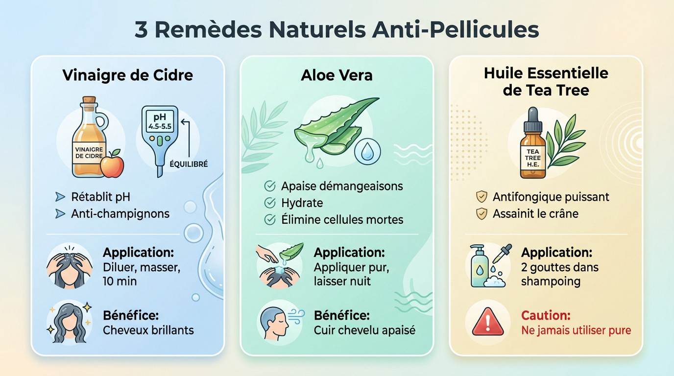Remèdes naturels efficaces contre les pellicules : vinaigre de cidre, aloe vera et tea tree