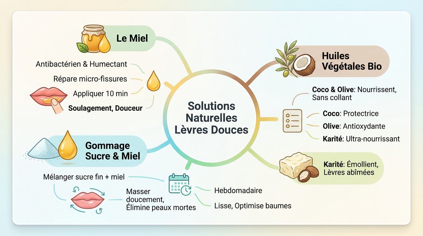 Ingrédients naturels comme le miel et l'huile pour réparer les lèvres gercées