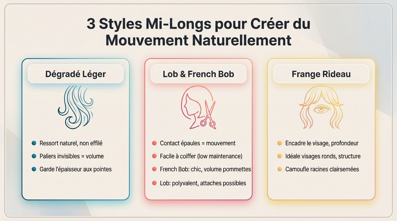 Femme avec un carré mi-long ondulé naturel, illustrant une coupe pour cheveux fins avec volume