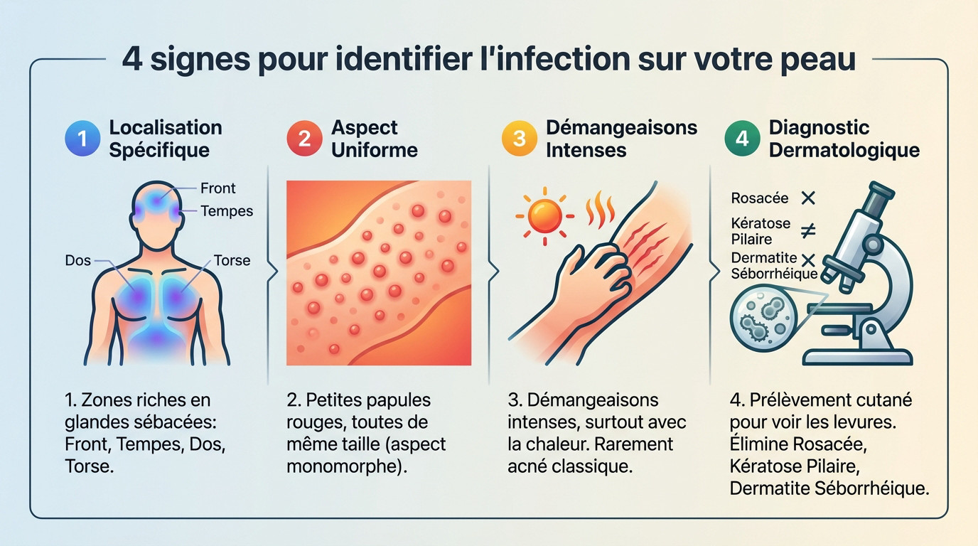 Examen minutieux de la peau du visage pour repérer les signes d'acné fongique