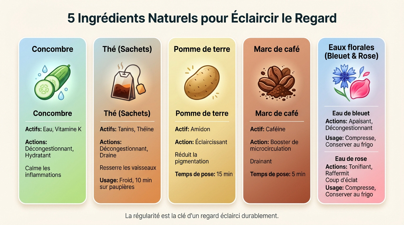 Ingrédients naturels comme le concombre et le thé pour apaiser les cernes