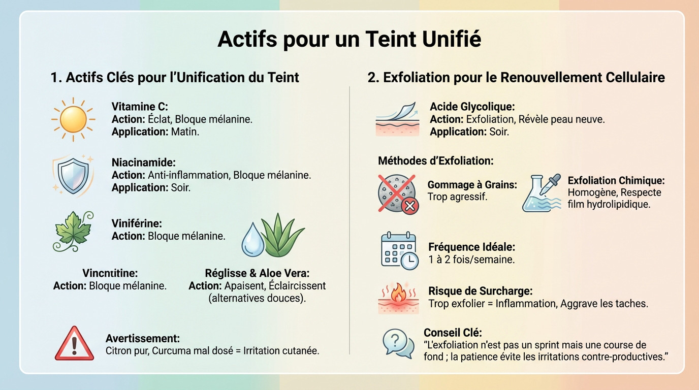 Comparatif des actifs cosmétiques comme la vitamine C et la niacinamide pour unifier le teint
