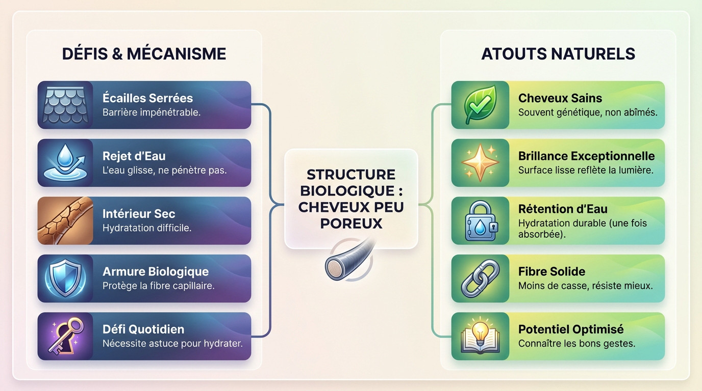 Schéma comparatif montrant la structure des cuticules fermées d'un cheveu peu poreux face à l'eau