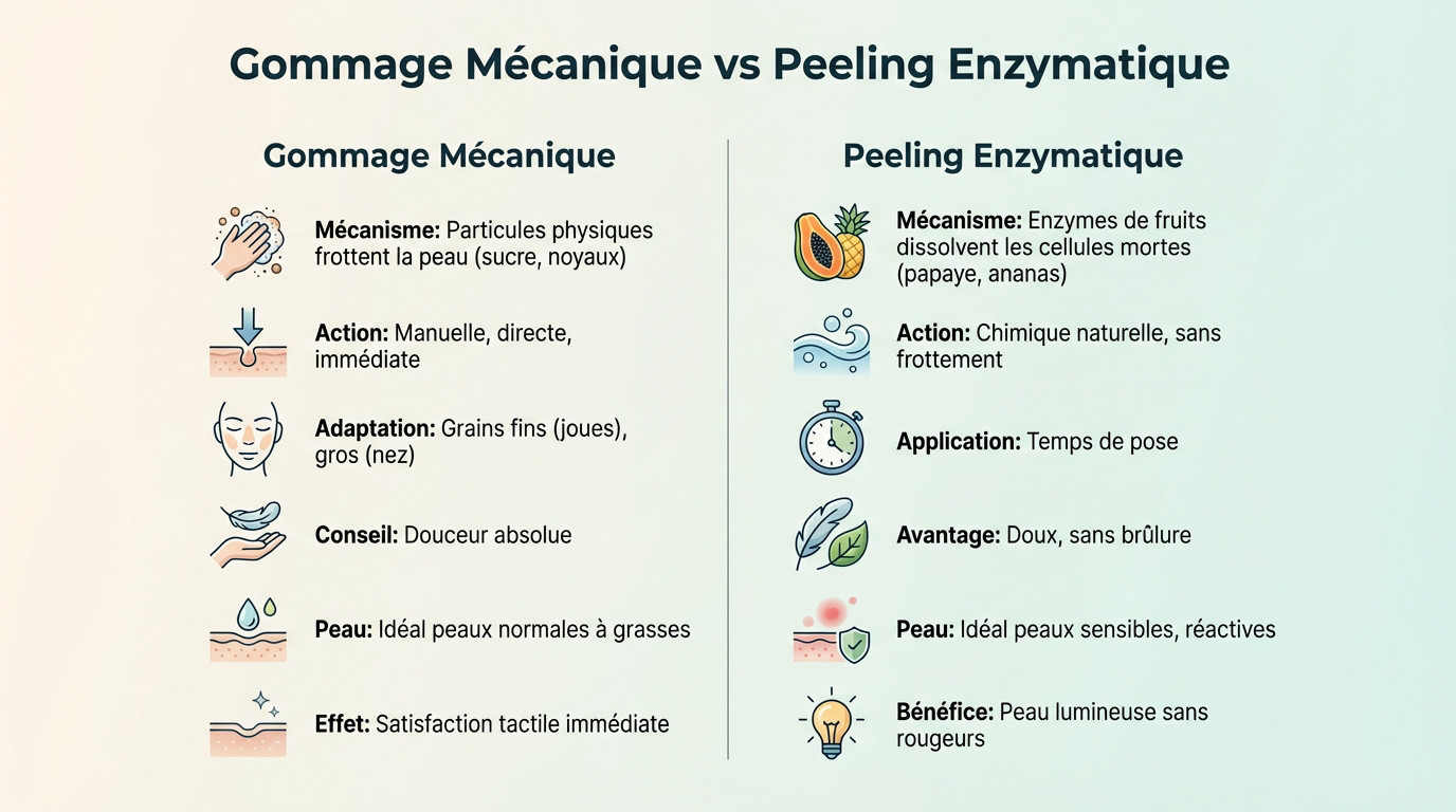 Comparaison entre la texture d'un gommage à grains et l'application d'un peeling enzymatique aux fruits