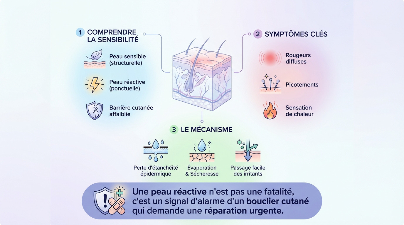 Femme examinant des rougeurs sur son visage dans un miroir