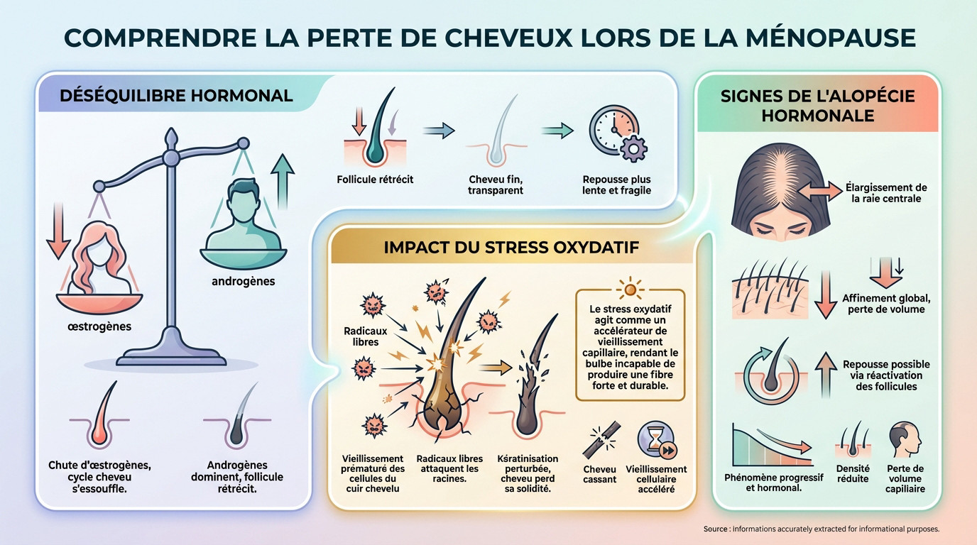 Schéma explicatif montrant l'impact hormonal sur le follicule pileux à la ménopause