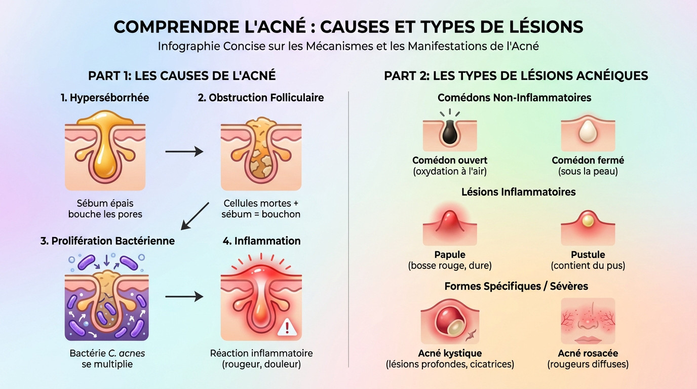 Schéma explicatif de la formation de l'acné et des différents types de lésions cutanées