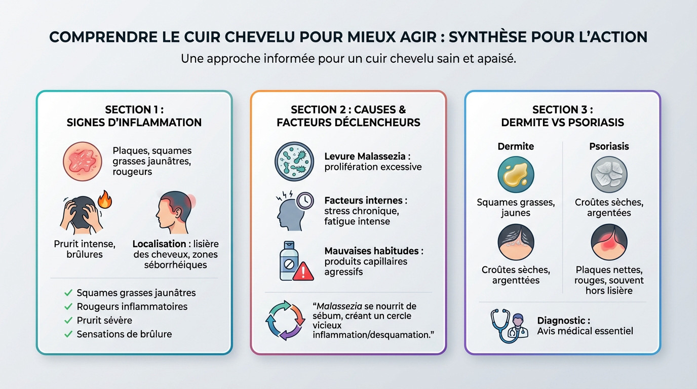 Schéma explicatif montrant la différence entre un cuir chevelu sain et un cuir chevelu atteint de dermite séborrhéique avec inflammation et squames