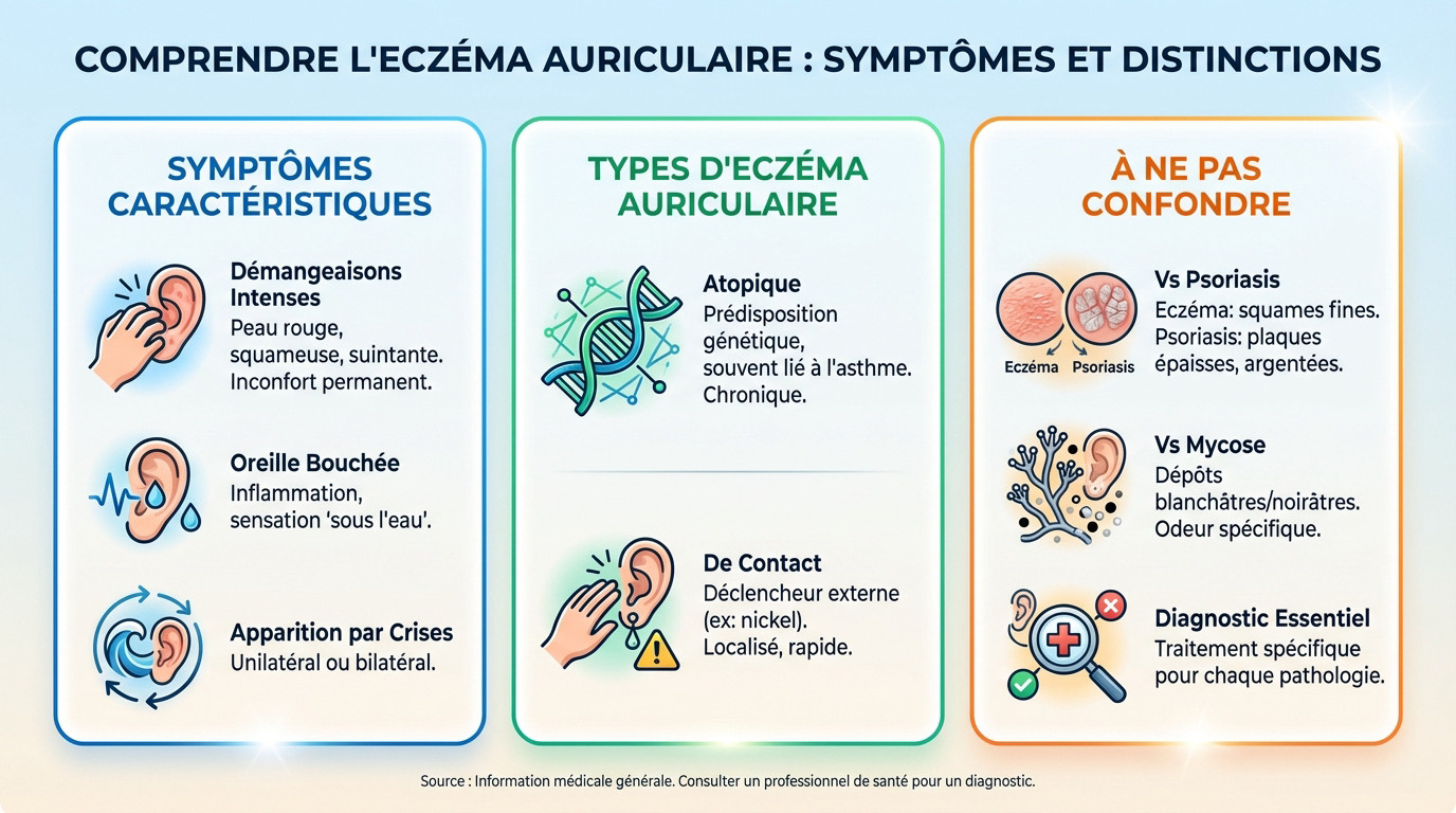 Femme examinant son oreille touchée par l'eczéma auriculaire