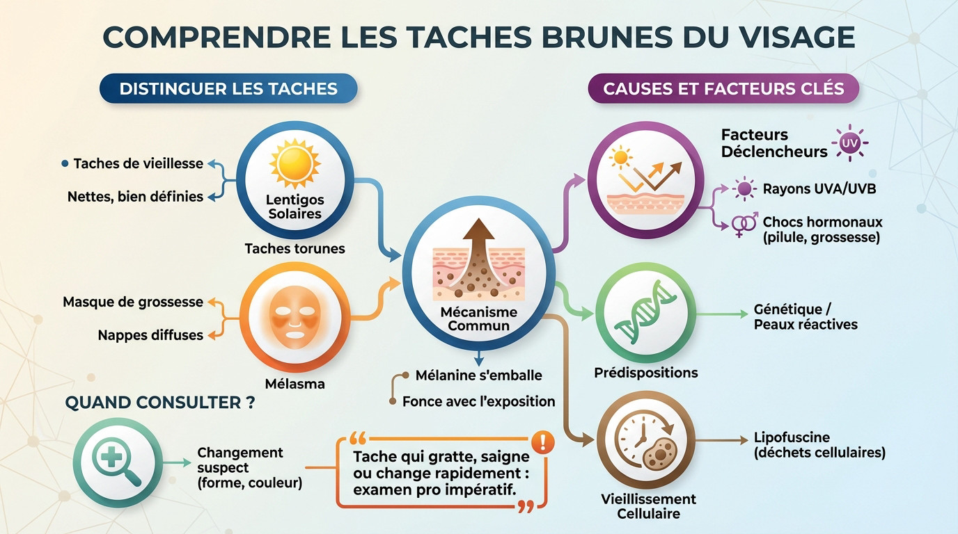 Femme examinant l'hyperpigmentation et les taches brunes sur son visage devant un miroir