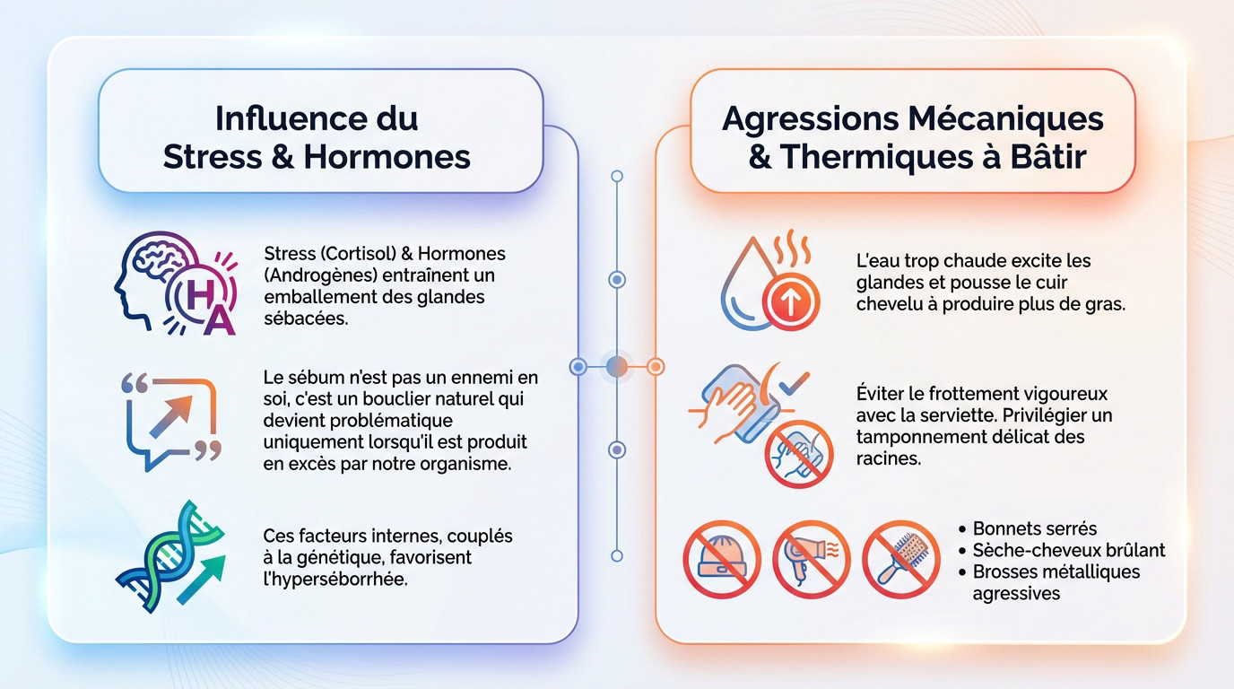 Schéma explicatif des causes de l'excès de sébum : stress, hormones et agressions thermiques