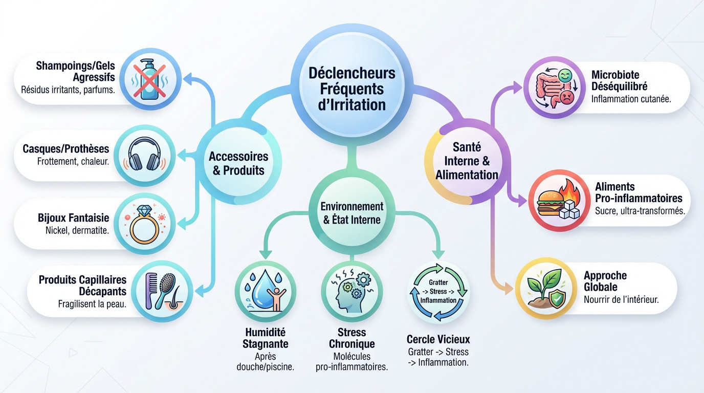 Schéma illustrant les facteurs déclencheurs de l'eczéma auriculaire comme le nickel et l'humidité