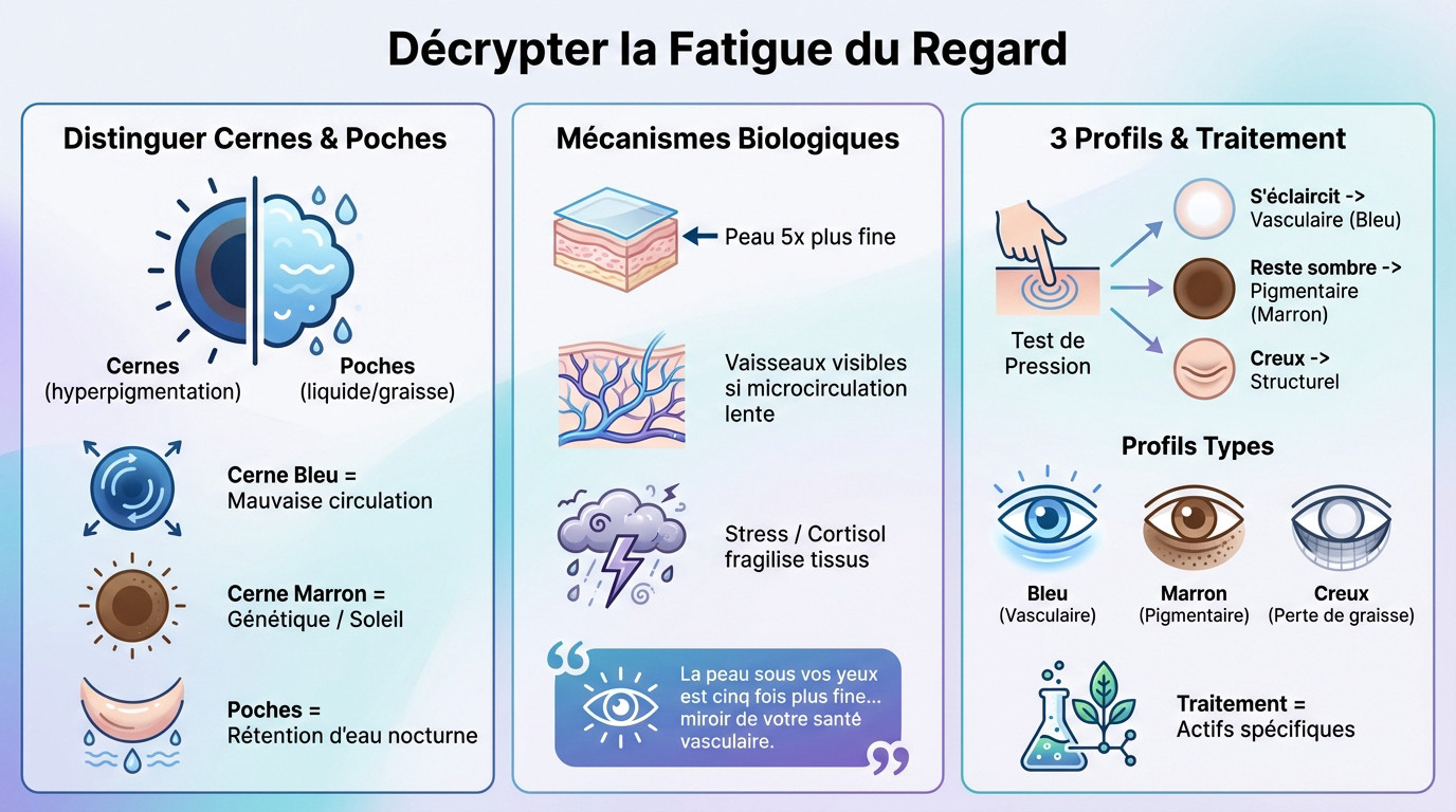 Schéma explicatif montrant la différence structurelle entre un cerne pigmentaire et une poche sous l'œil