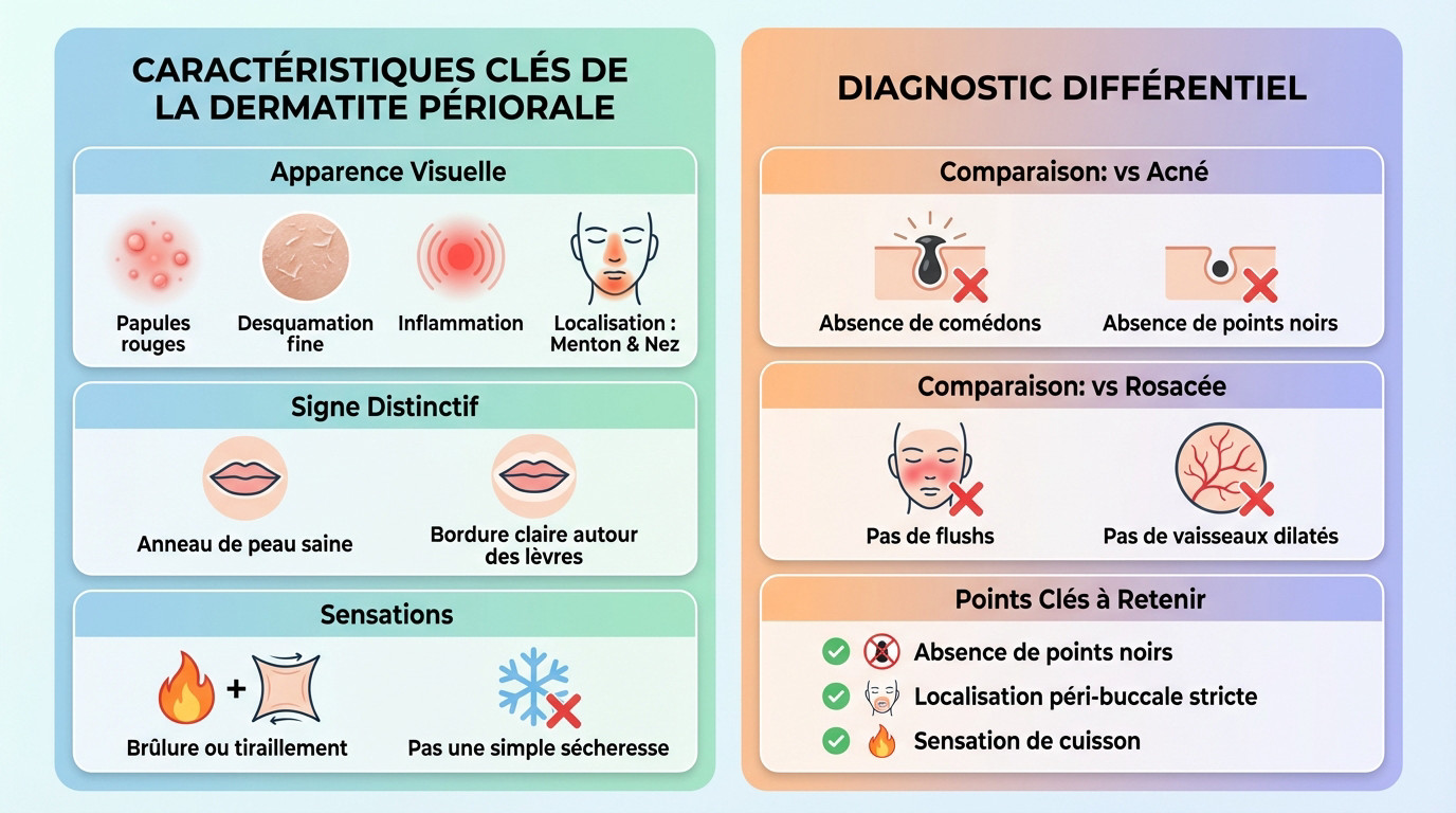 Schéma illustrant les zones touchées par la dermatite périorale et l'épargne du bord des lèvres