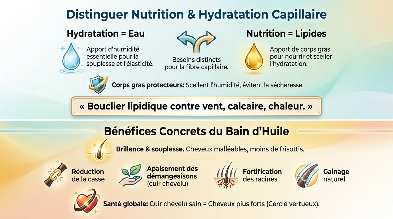 Schéma expliquant la différence entre nutrition et hydratation pour le cheveu