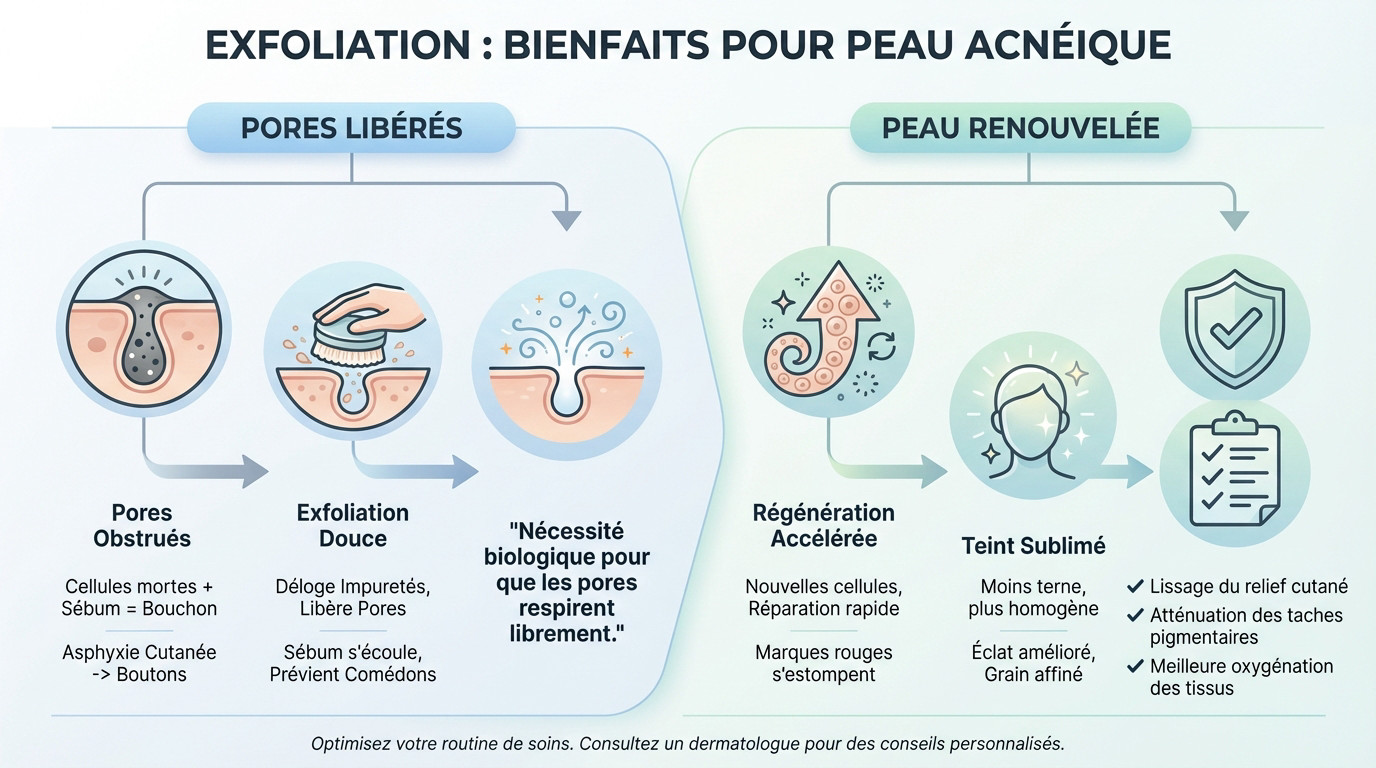 Schéma illustrant l'action bénéfique de l'exfoliation sur les pores d'une peau acnéique