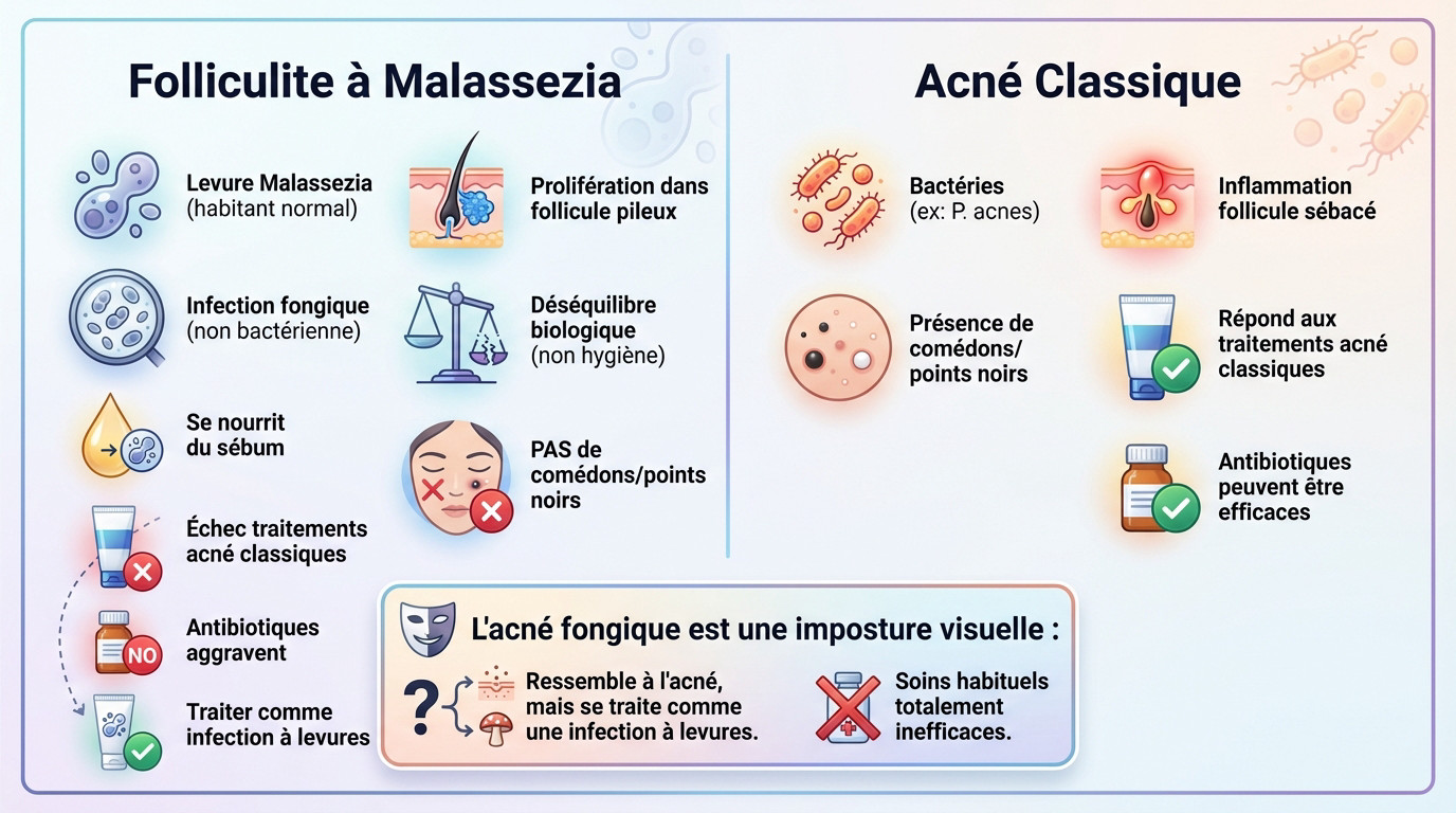 Comparaison visuelle entre les boutons d'acné fongique et l'acné vulgaire sur le visage