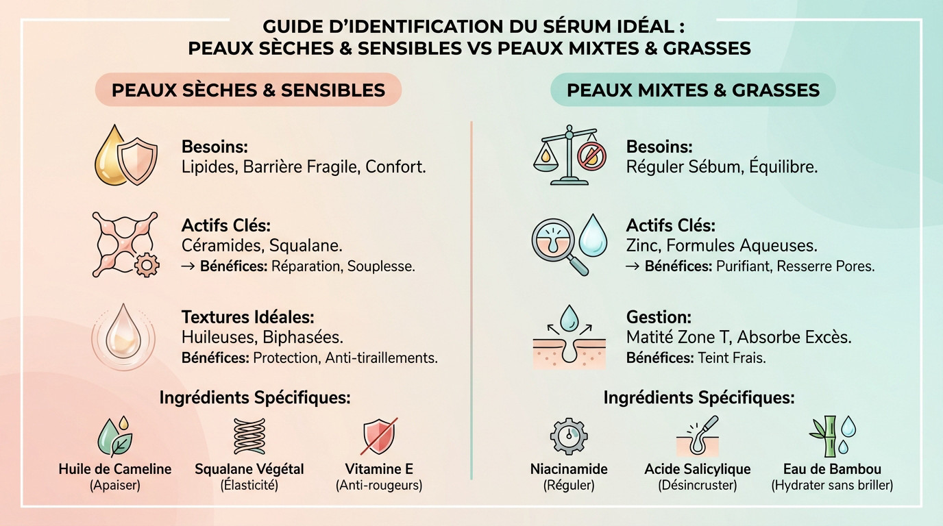 Comparatif visuel des textures de sérums : huileux pour peaux sèches contre aqueux pour peaux mixtes