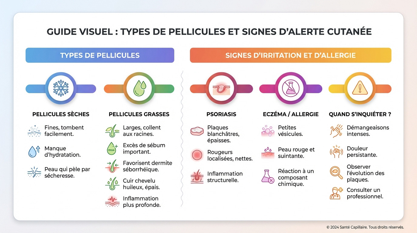 Schéma comparatif visuel entre pellicules sèches et grasses sur le cuir chevelu