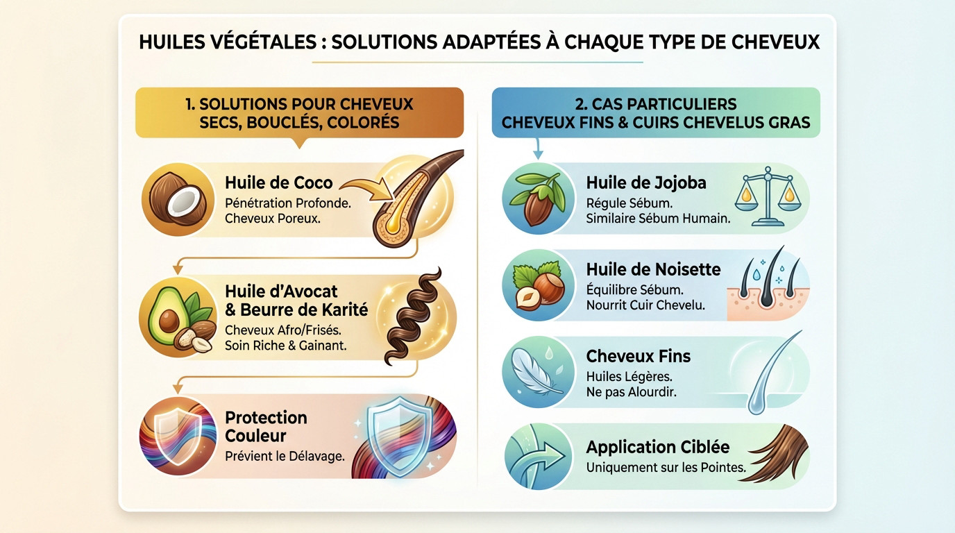 Tableau comparatif des huiles végétales adaptées aux cheveux secs, bouclés et afro
