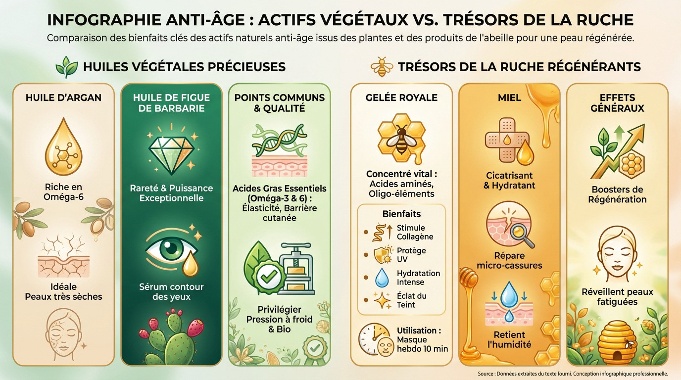 Infographie comparant les actifs végétaux anti-âge et les bienfaits de la ruche
