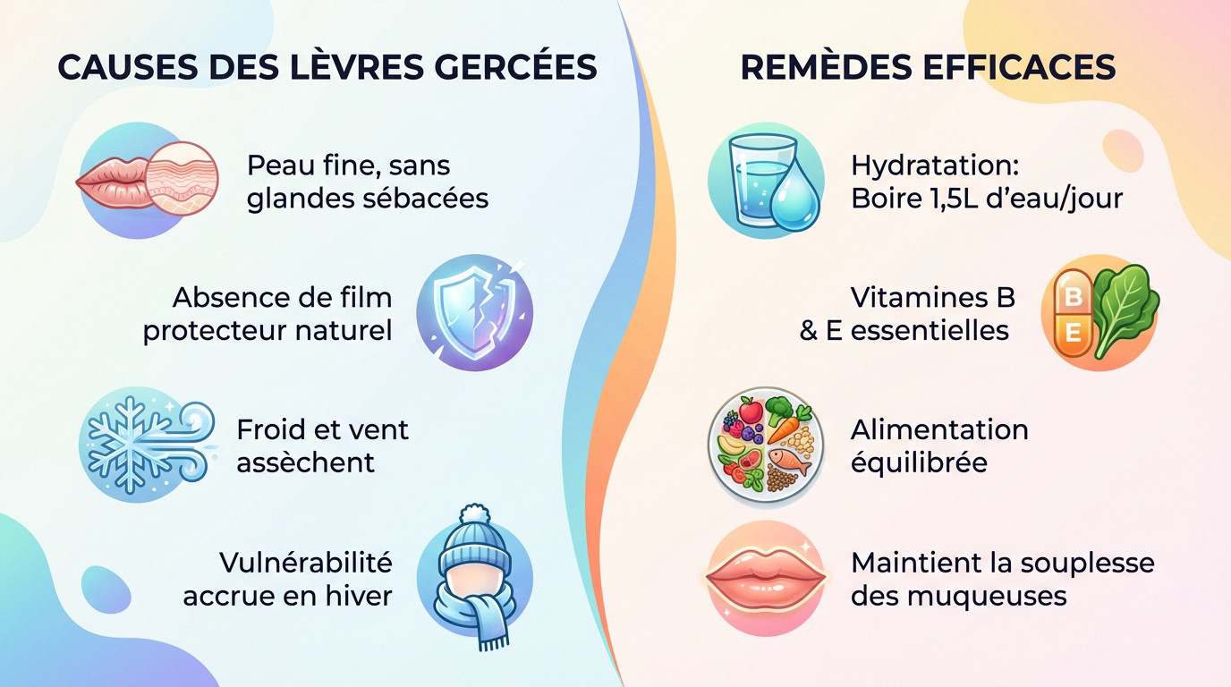 Infographie expliquant les causes du dessèchement des lèvres et les remèdes naturels associés