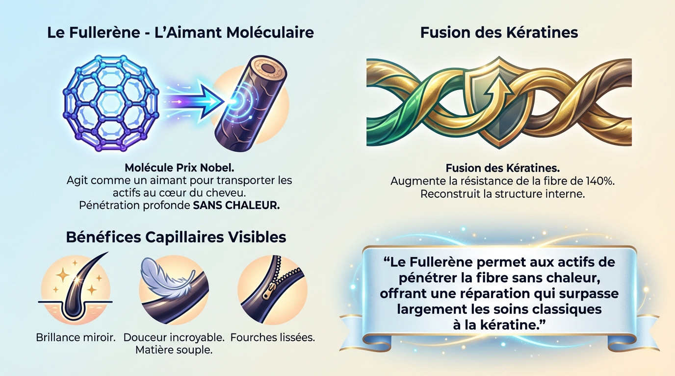 Schéma explicatif de l'action du Fullerene et des kératines sur la fibre capillaire