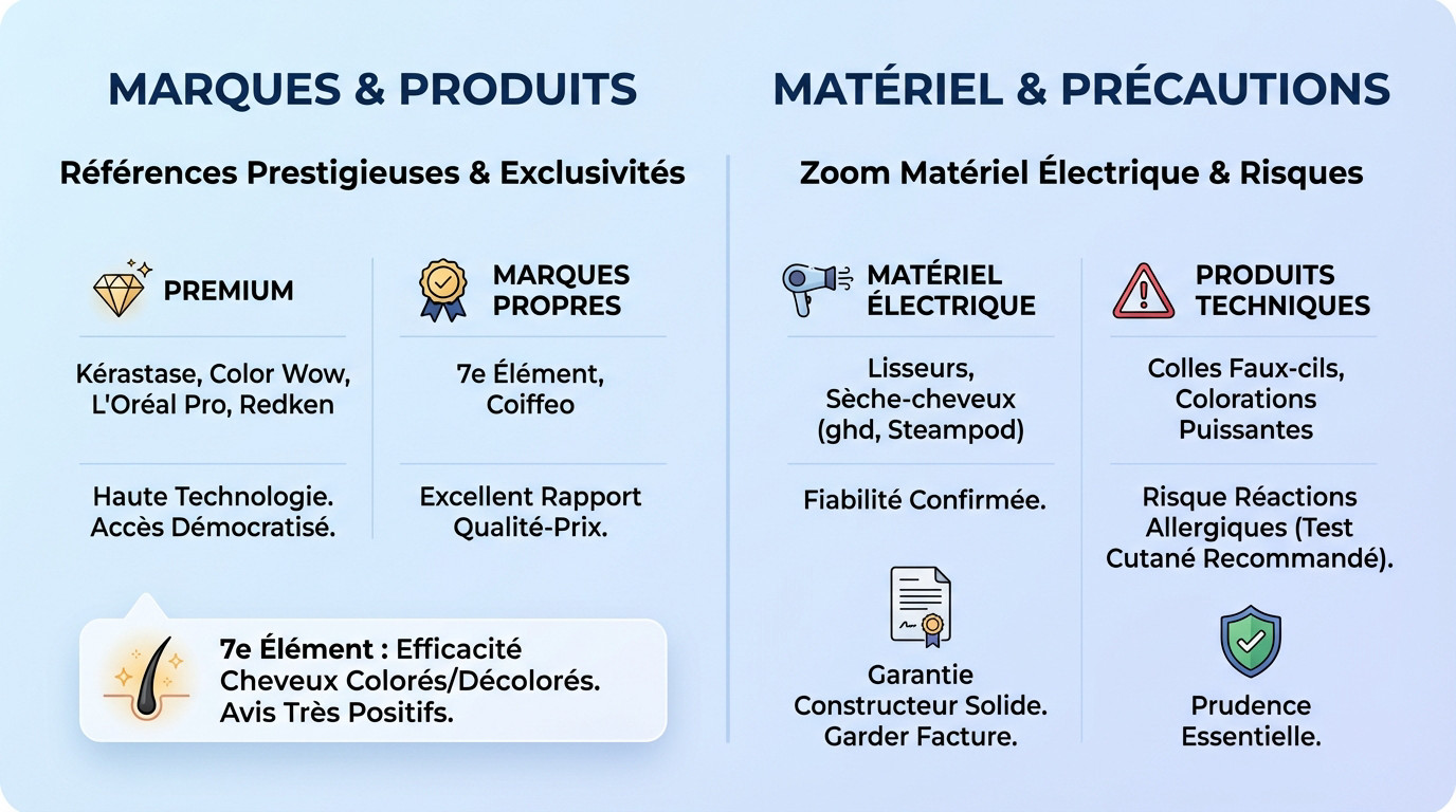 Infographie récapitulative des marques de coiffure professionnelles et précautions d'utilisation du matériel électrique