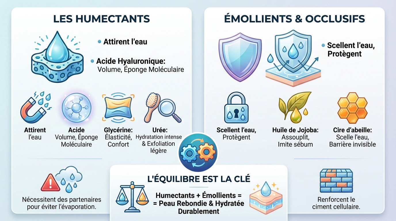 Schéma illustrant les actifs cosmétiques clés pour l'hydratation : humectants, émollients et filmogènes