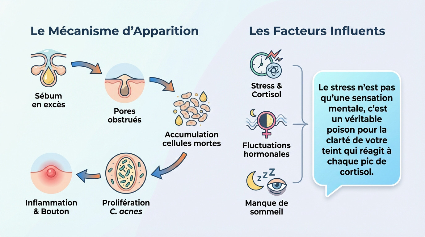 Schéma illustrant les causes des imperfections cutanées comme le sébum et les bactéries