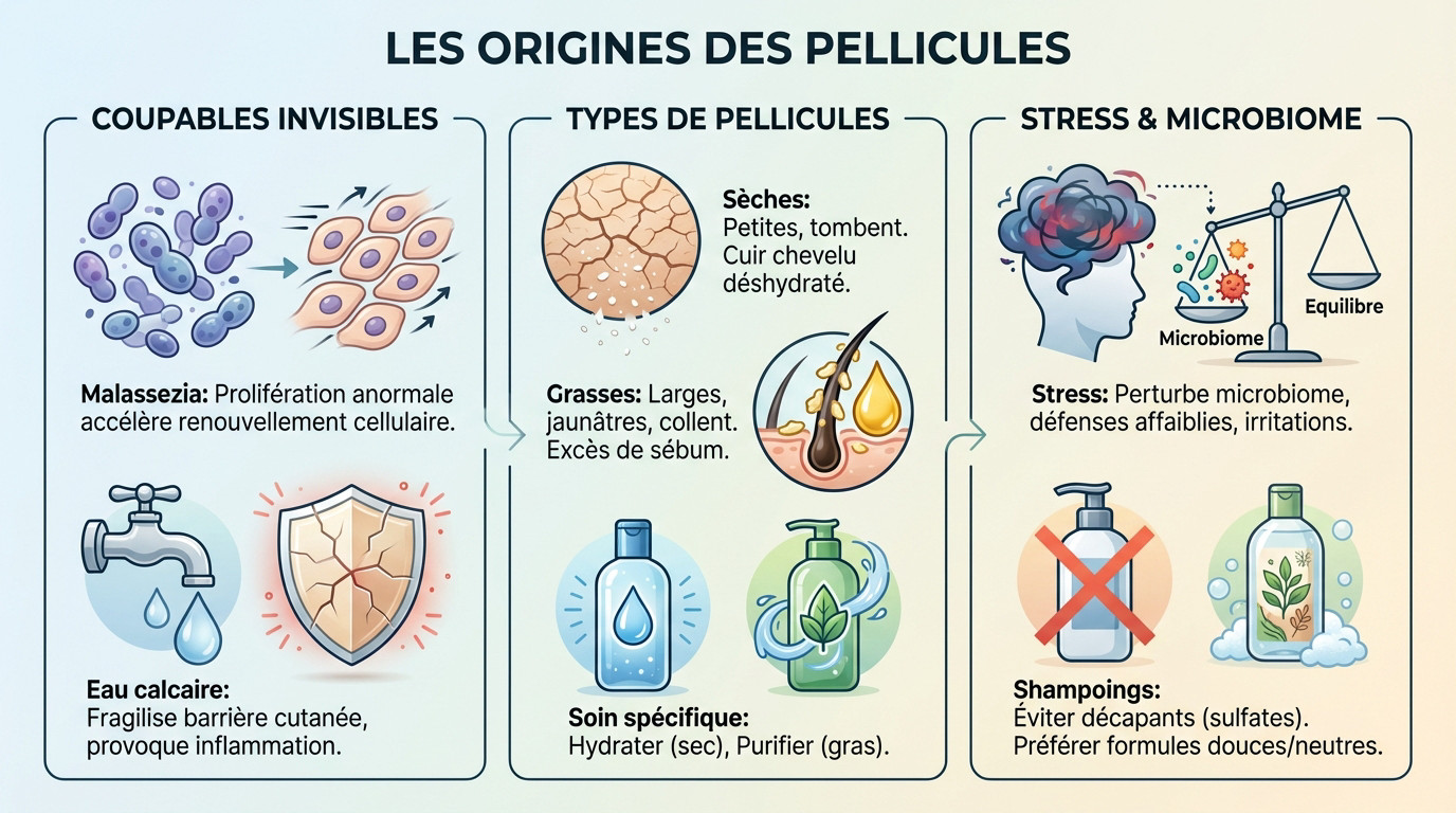 Schéma explicatif des causes des pellicules capillaires : action du Malassezia et déséquilibre du cuir chevelu