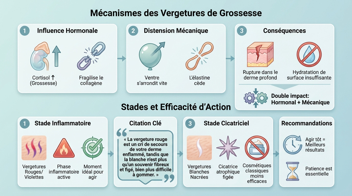 Schéma illustrant la rupture des fibres de collagène dans le derme et l'action des traitements anti-vergetures