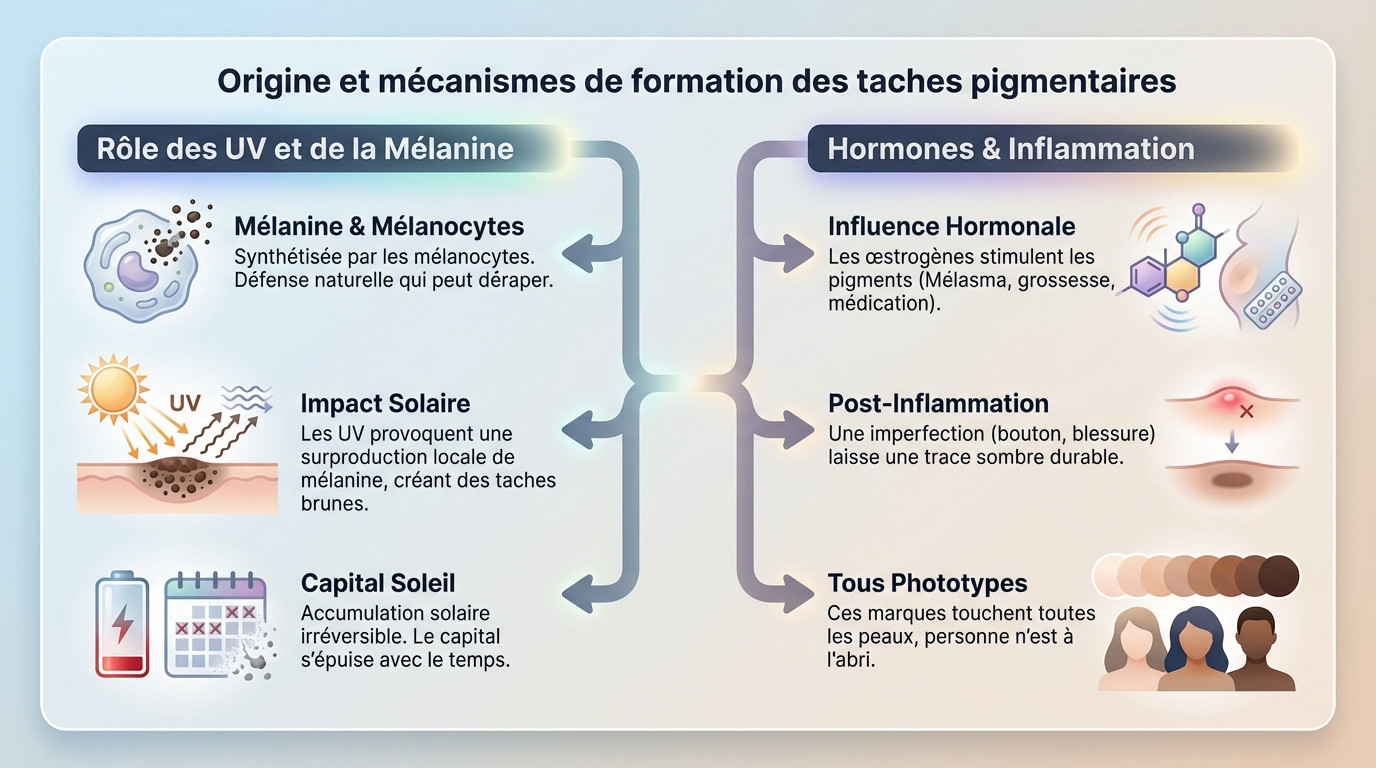 Schéma de la peau montrant les mélanocytes et la formation des taches brunes