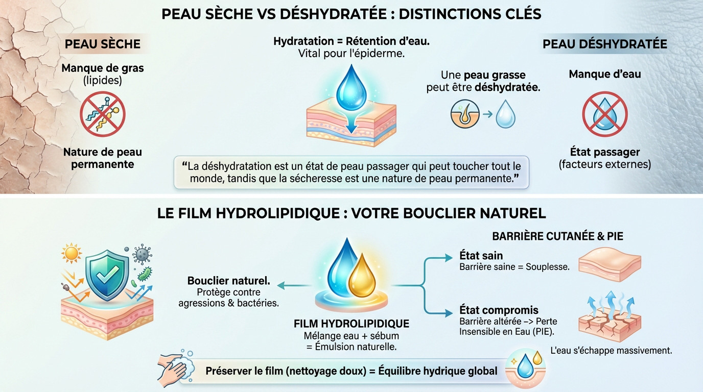 Schéma comparatif illustrant la différence entre une peau sèche manquant de lipides et une peau déshydratée manquant d'eau