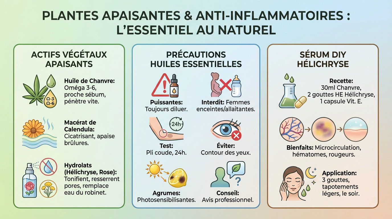 Sélection de plantes apaisantes comme le Calendula et l'Hélichryse pour traiter l'inflammation cutanée
