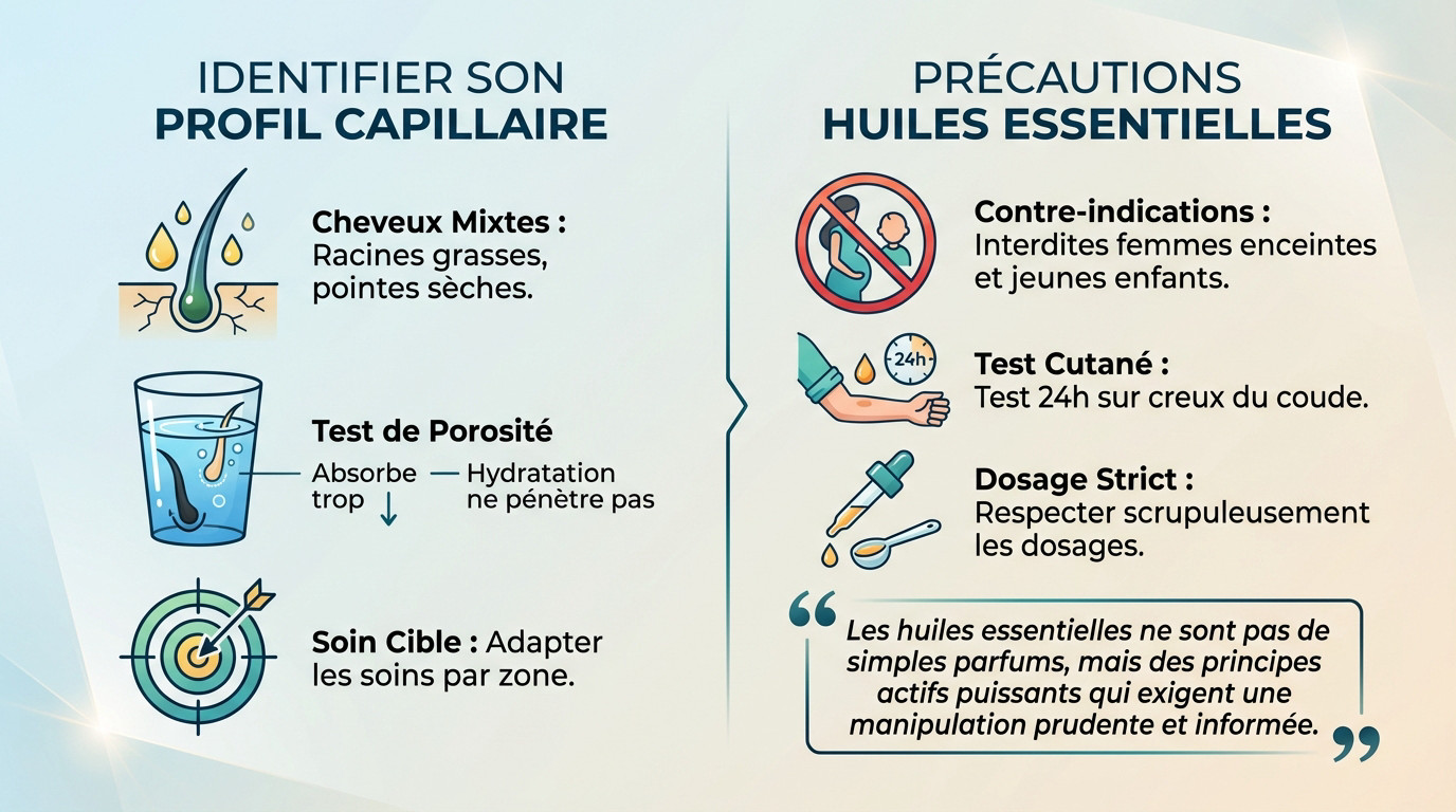 Diagnostic capillaire : test de porosité du cheveu dans un verre d'eau et précautions d'usage des huiles essentielles