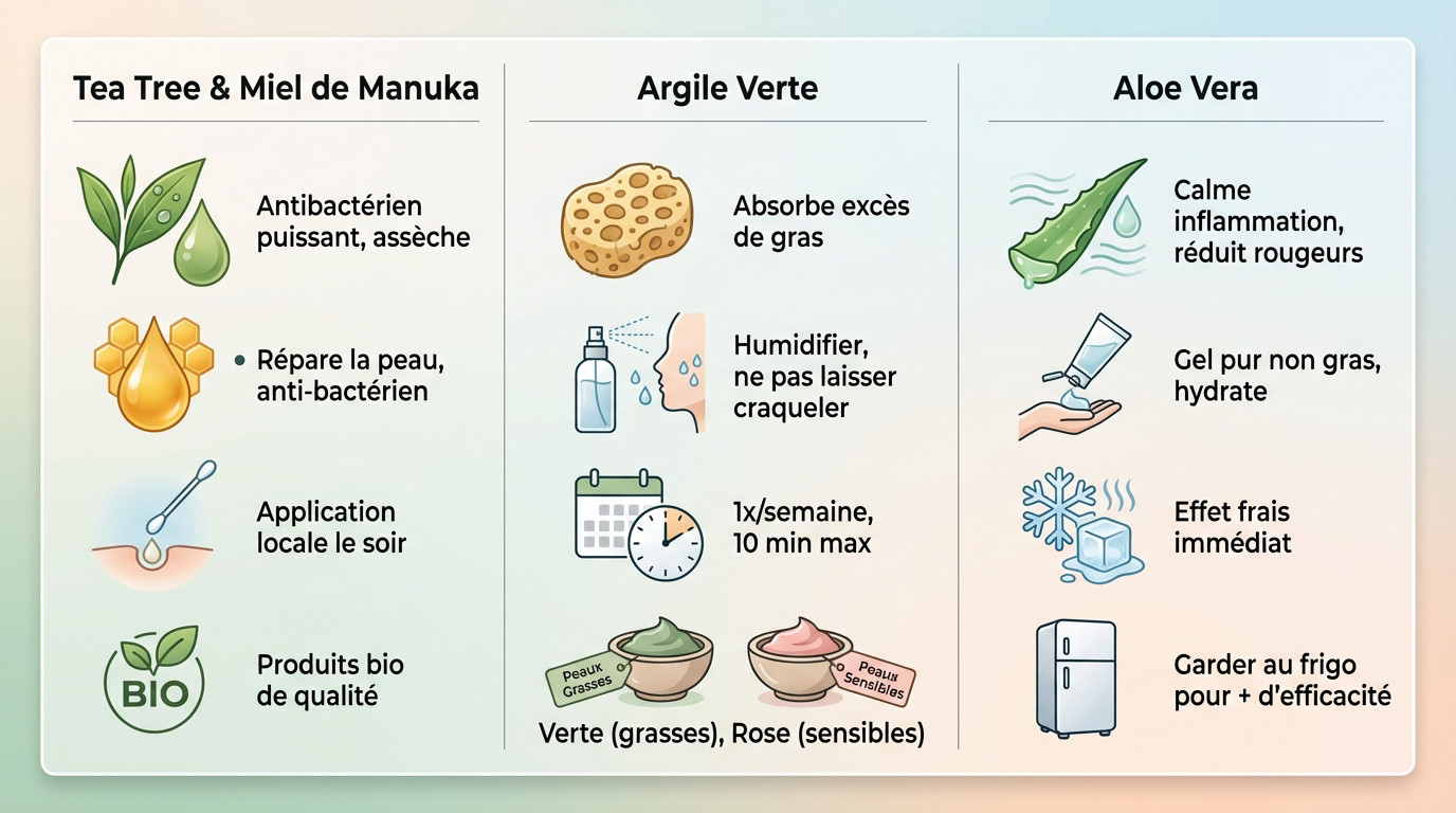 Application d'un remède naturel sur un bouton inflammé
