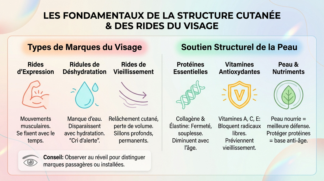 Schéma explicatif de la structure cutanée et du vieillissement du visage
