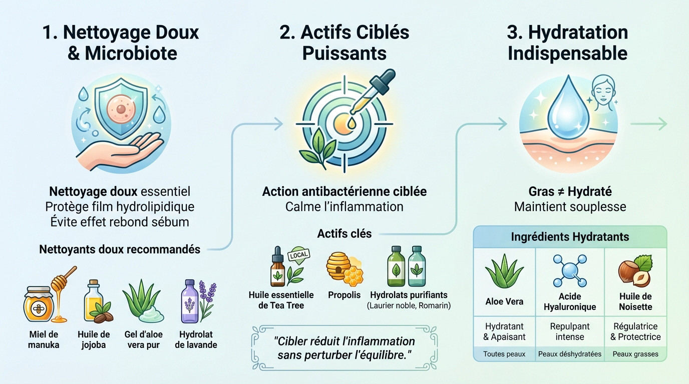 Routine de soin visage naturel anti acné en 3 étapes : nettoyage, ciblage et hydratation