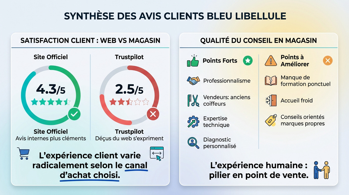 Graphique de synthèse des avis clients Bleu Libellule montrant la répartition des notes entre Trustpilot et le site officiel