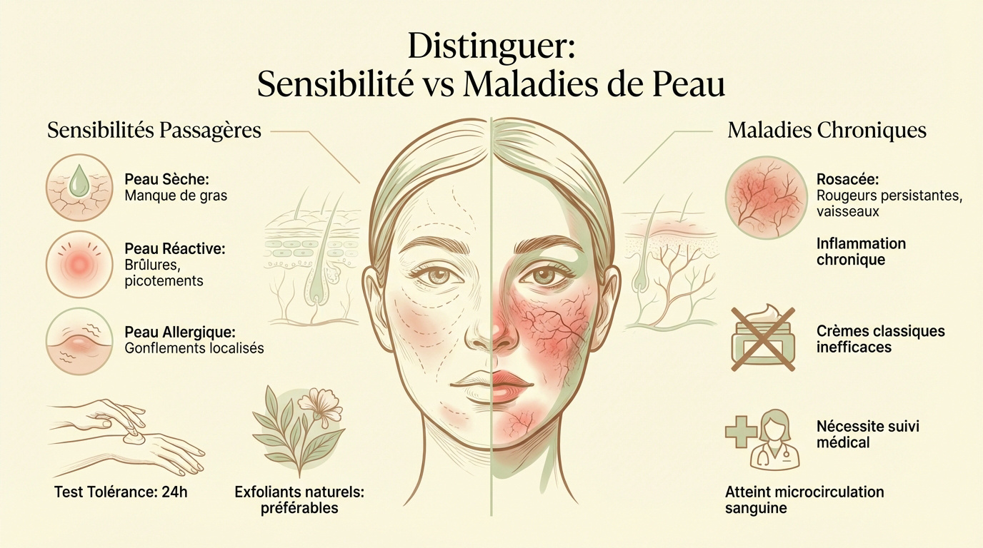 Différences visuelles entre une peau sensible et une pathologie cutanée comme la rosacée