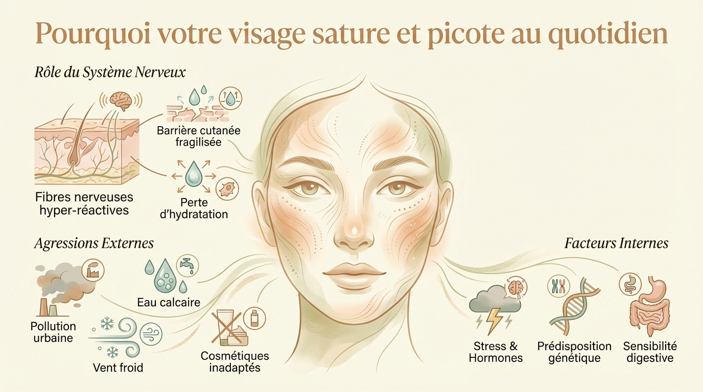 Femme ressentant des picotements et un inconfort sur la peau du visage