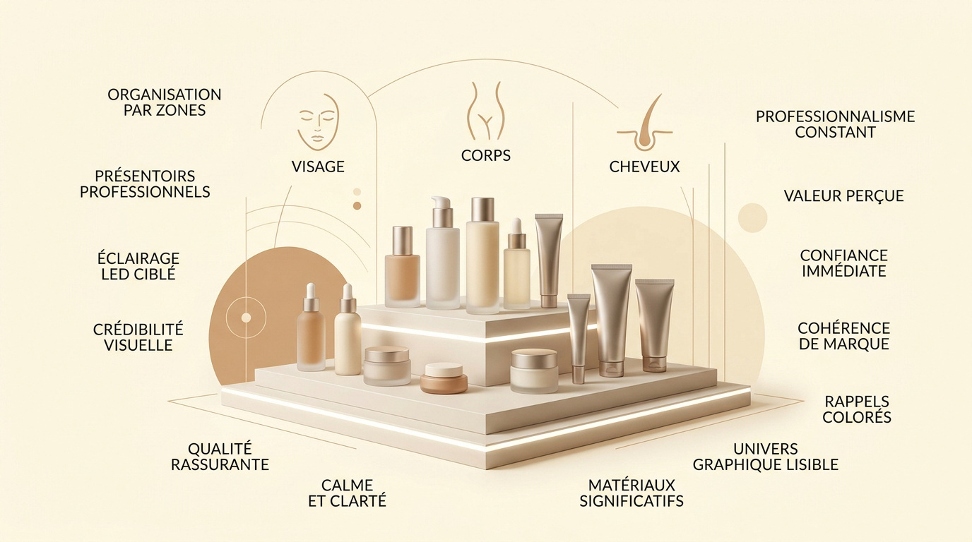 Schéma illustrant les bonnes pratiques de merchandising pour produits cosmétiques sur un présentoir à plusieurs niveaux.