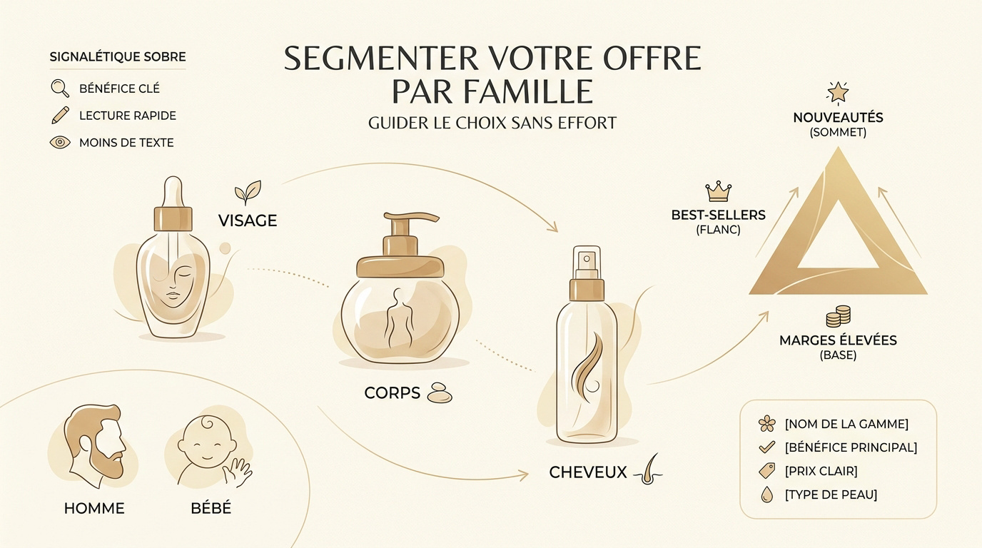 Infographie sur la segmentation de produits cosmétiques par famille avec des icônes pour le visage, le corps et les cheveux.